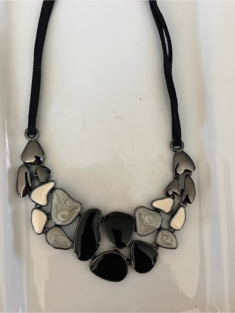 Lia Sophia Statement Black Grey White and Silver Mixed-Stone Necklace